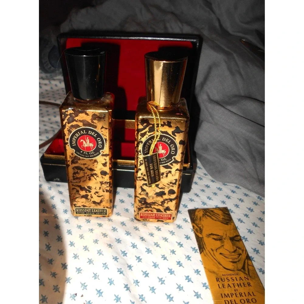 Vintage Imperial Del Oro Russian Leather Aftershave & Cologne Set 27 Karat Gold